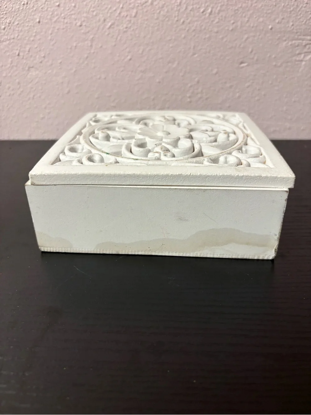 White Distressed Floral Scroll Wooden Keepsake Jewelry Trinket Box